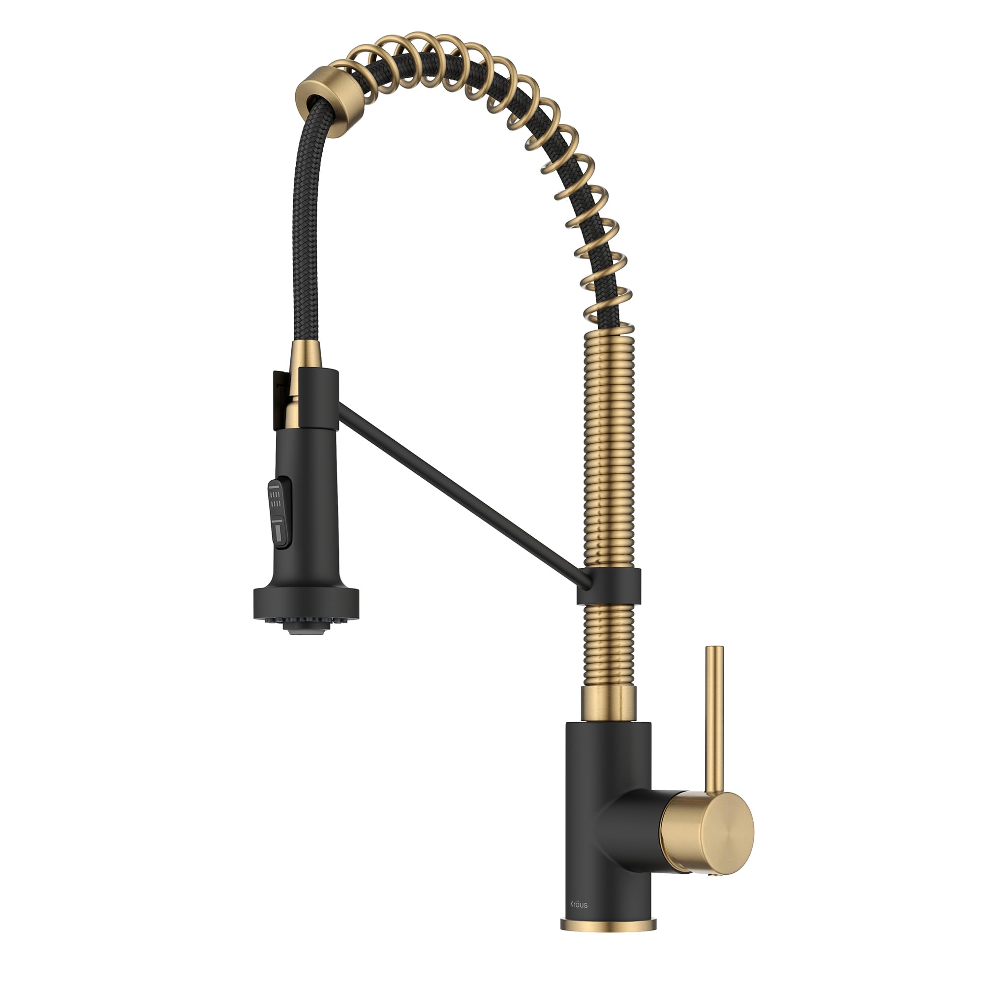 Photo 1 of **MINOR DAMAGE***
KRAUS Bolden Commercial Style 2-Function Single Handle Pull Down Kitchen Faucet in Brushed Brass/Matte Black, KPF-1610BBMB