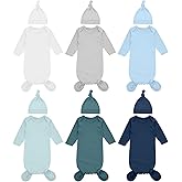 Cuffbow 6 Packs Newborn Baby Knotted Gowns Set 0-6 Months Cotton Sleeper Long Sleeve Nightgown and Hat Set for Infant Baby