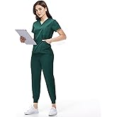 KARAZZO Scrubs Set for Women Nurse Uniform Jogger Suit Stretch V-Neck Scrub Top & Jogger Pant with Pockets for Nurse Workwear