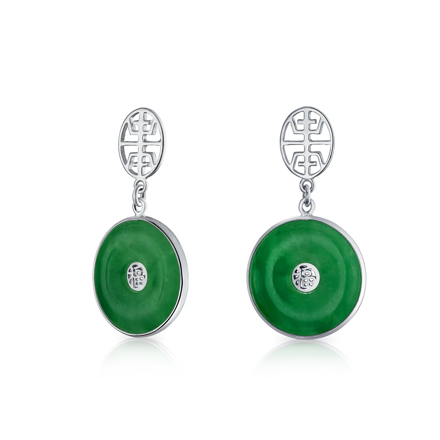 Asian Style Circle Round Donut Good Fortune Fu Character Chinese Symbol Dyed Green Jade Disc Dangle Drop Earrings For Women .925 Sterling Silver โ image 1