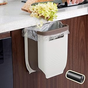 AYADA Kitchen Folding Trash Can, Hanging Collapsible Garbage Can Door Mount Wall Mount Over Cabinet Door Drawer Counter Small Foldable Creative RV 9L Plastic Hook Waste Bin Basket with Garbage Bag
