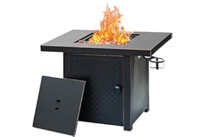 Verdeluxe 32'' Propane Fire Pit,50000 BTU Gas Firepit Table with 2 Drink Holders, Lid & Lava Rock,Outdoor Fire Pit Table for Dining or Party,Propane Firepits for Outside,Patio,Yard