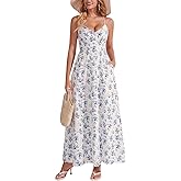 VKIHOC Women Floral Maxi Dress Casual V Neck Spaghetti Strap Lace Up Smocked A Line Boho Vacation Dresses with Pockets