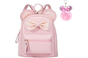 HIFOT Bowknot Mini Backpack for Girls, Leather Cartoon Mouse Ears Cute Small Backpack Kawaii Bookbag with Keychain for Kids