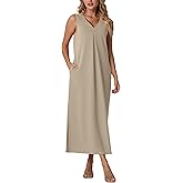 GRECERELLE 2026 Women Summer V-Neck Casual Loose Split Wrinkle-Free Long Maxi Vacation Dress with Pockets (XS-3XL)