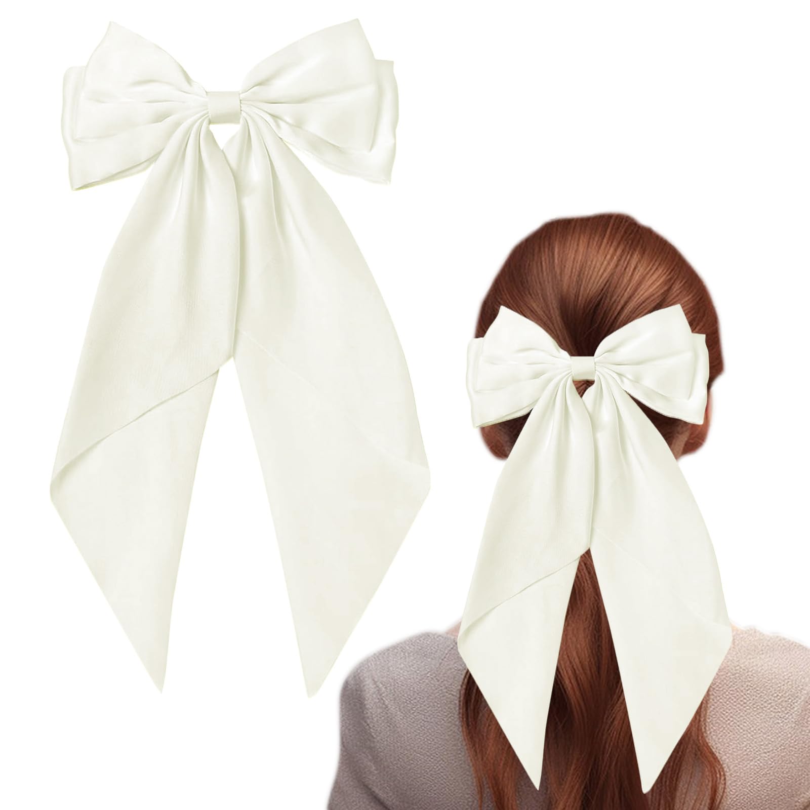 ZhongShuang Cream Colour Hair Bows for Women - White Big Solid Color Hair Clips with Long Ribbon, French Barrette Clip Soft Satin Silky Hair Bows - Cute Gifts for Women & Girls