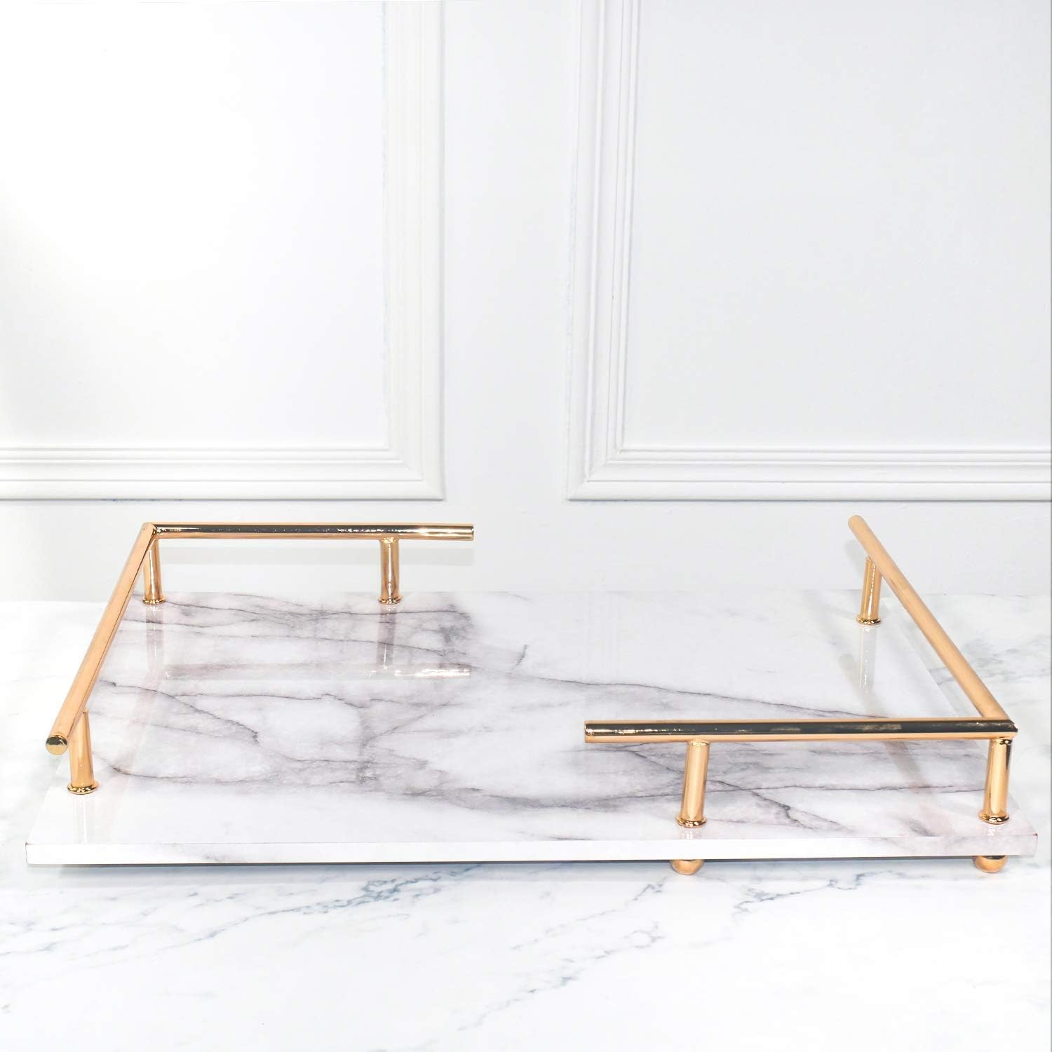 PuTwo Decorative Tray, MDF Tray with Marble Print, Handmade Vanity Tray, Perfume Tray with Gold Metal Handle, Trinket Tray, Catchall Tray for Dresser Bathroom Vanity Table (Gray and White): Kitchen & Dining