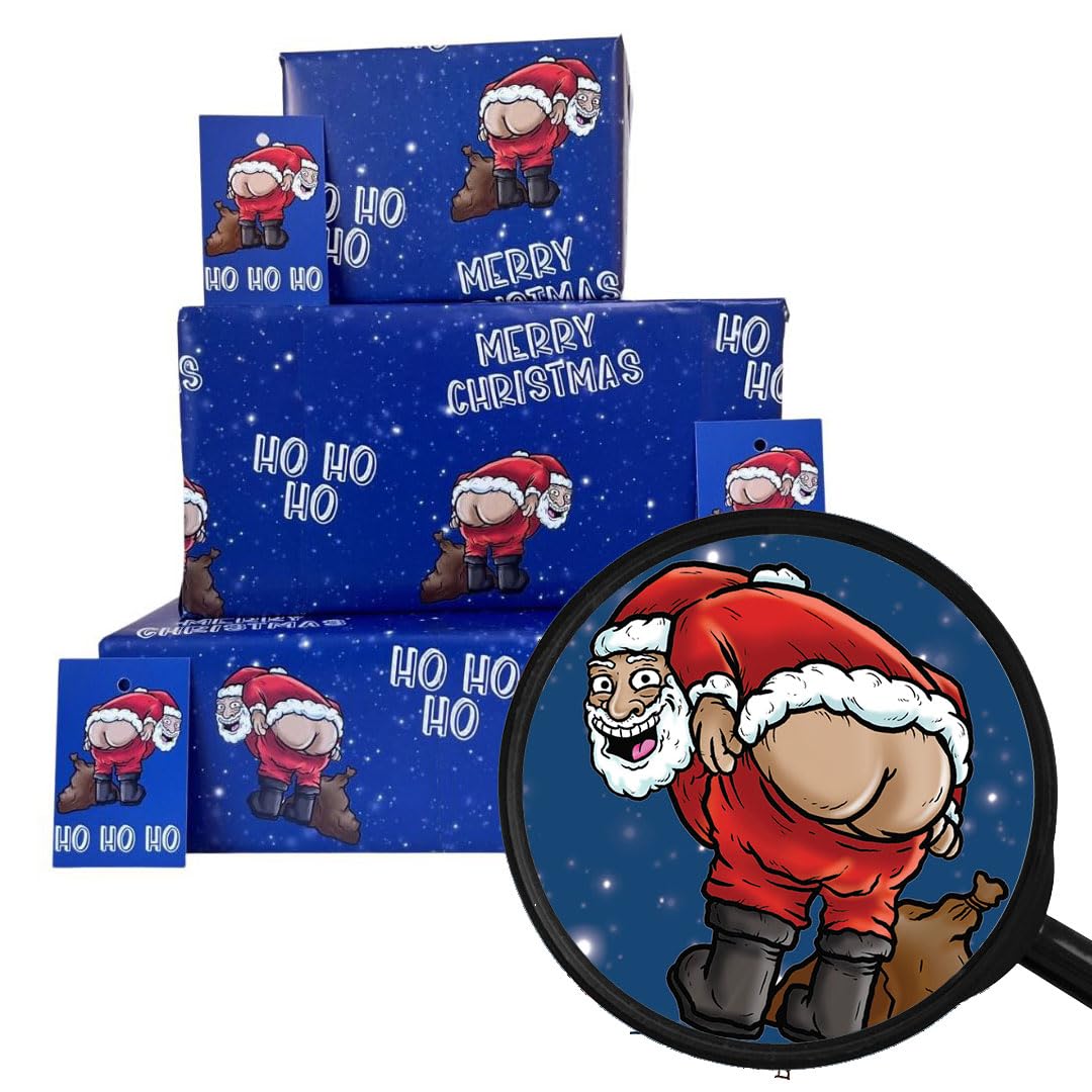 Christmas Wrapping Paper Sheets + Gift Tags (Pack 6) Funny Rude Santa Pulling A Mooney Design for Men & Women