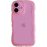 Qokey for iPhone 16 Case 6.1",Curly Wave Design Bumper Transparent Shiny Cute Shockproof Protection Soft Wavy Phone Cover for Women Girls Men,Clear/Pink