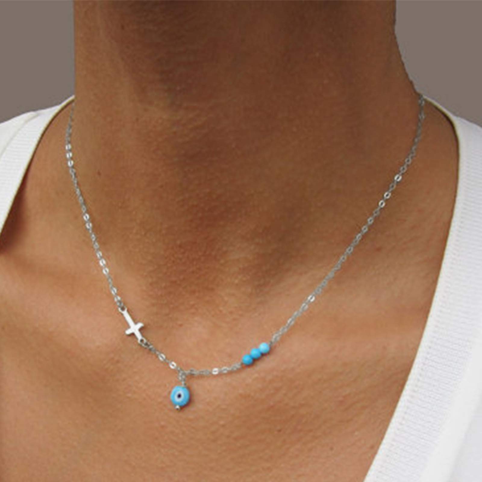 TseenYi Turquoise Cross Necklace Choker Silver Evil Eye Pendant Necklace Chain Adjustable Clavicle Chain Necklaces Religion Protection Jewelry for Women and Girls (Silver)