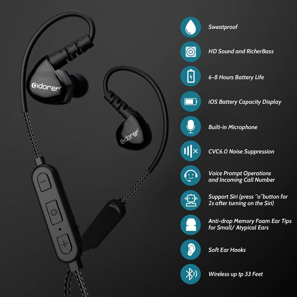 Wireless Earphones, Adorer B2 Sweatproof Bluetooth Heaphones for Sport, Running and Gym, 8 Hours Playtime, IPX4 Waterproof, Noise Isolating Earbuds (Black)
