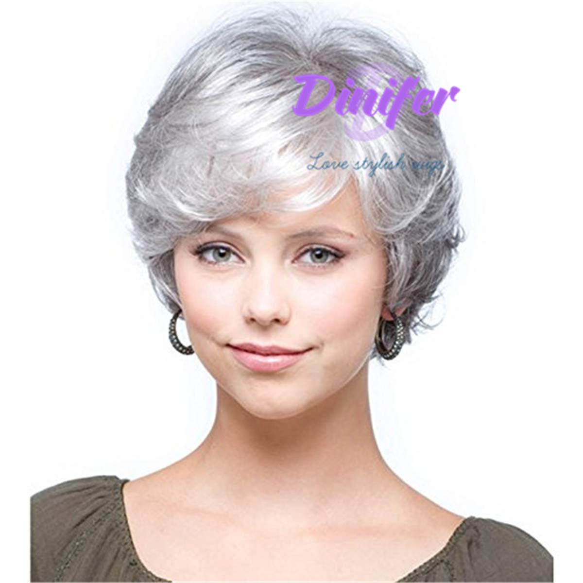 Longlove Short Gray White Natural Wavy Fluffy Curly Human Hair Wig