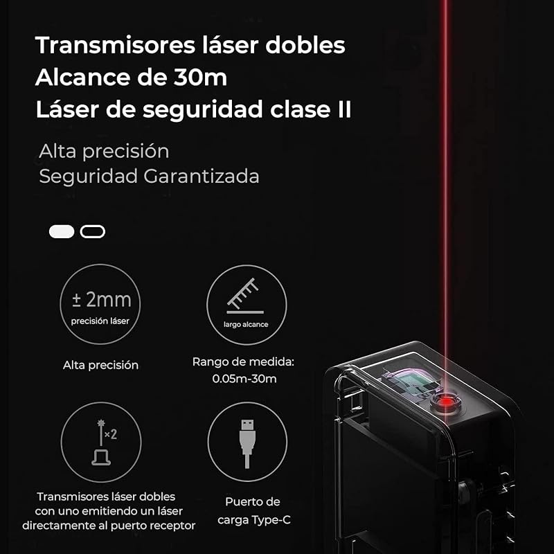 Medida a laser hoto bluetooth, telêmetro de 30 m, precisão de ± 2 mm, 2 modos de medição, unidades intercambiáveis ​​m/ft+in, carregamento tipo c