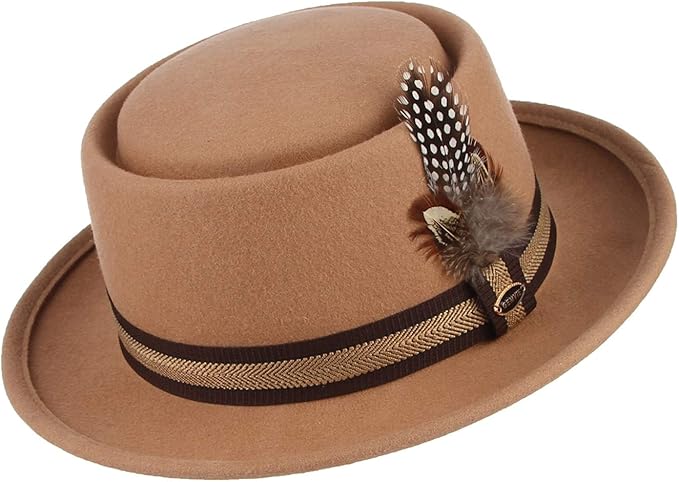 Amazon Marryme チロリアンハット ポークパイハット ウール フェルトハット 中折れ帽子 カンカン帽 羽根付き おしゃれ レディース メンズ パーティー 旅行 キャメル ハット 通販