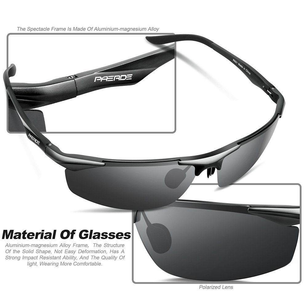 PAERDE Men\'s Sports Style Polarized Sunglasses for Men Driving Fishing Cycling Golf Running Al-Mg Metal Frame Ultra Light Glasses (Black)