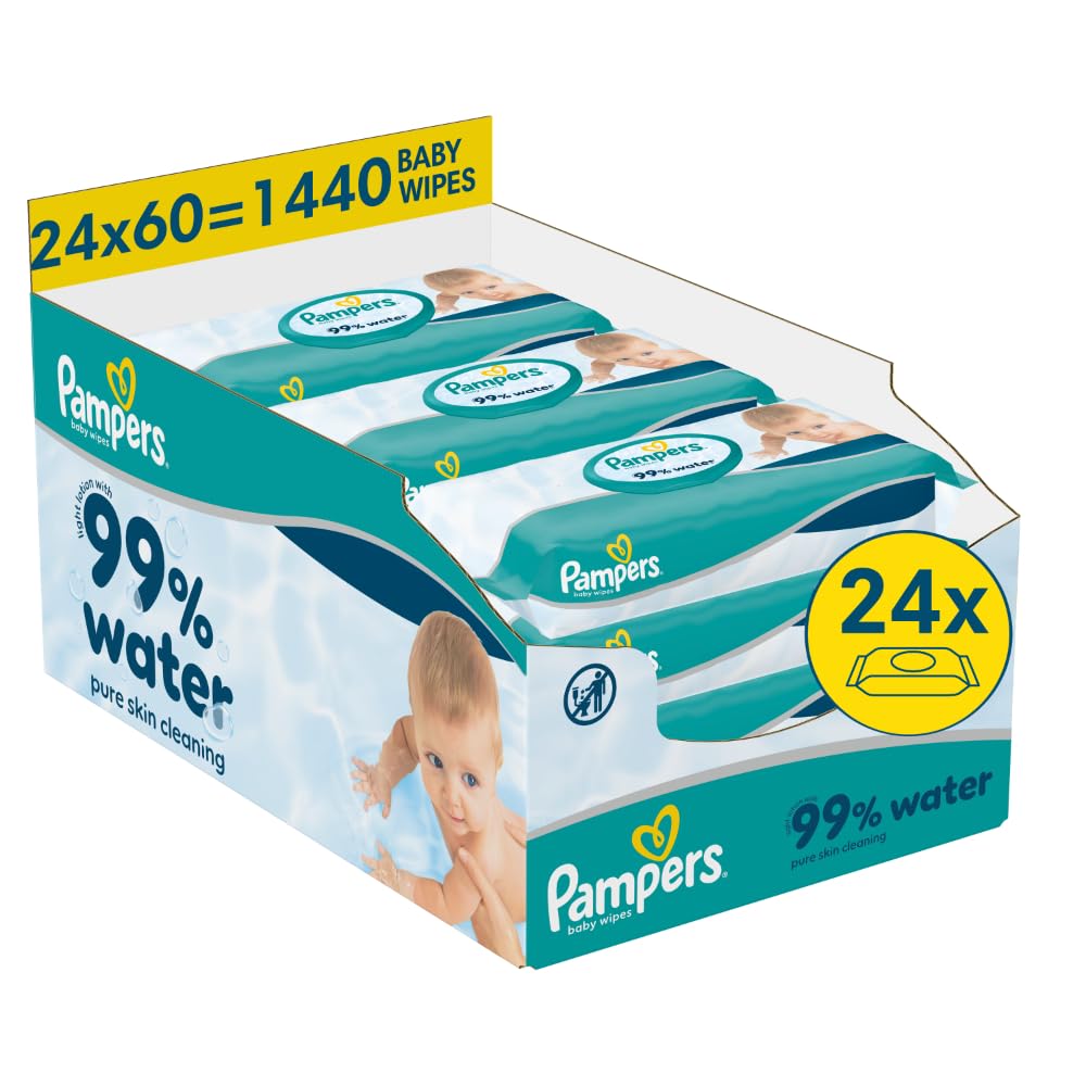 Pampers 99 Prozent Water Baby-Feuchttücher, 24 Packungen mit je 60 Feuchttüchern - 1440 Baby-Feuchttücher, leichte Lotion mit 99 Prozent Wasser