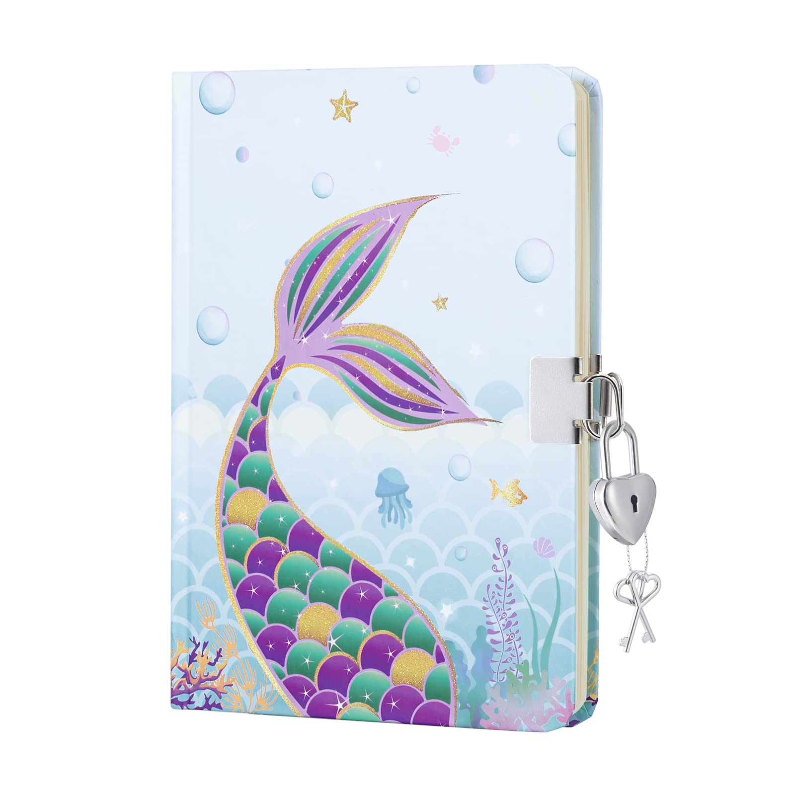WERNNSAI Mermaid Journal for Girls - Glitter Diary Gift for Kids Blue School Travel Private Notebook Hardcover A5 Lined Memos Writing Drawing Notepad with Lock and Keys — image 1
