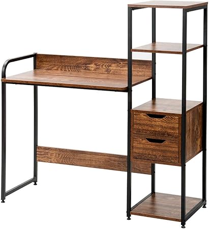 Amazon パソコンデスク 引き出し付き 3段シェルフ付 木製 収納付 座デスク ミシン台 シェルフ付き 書斎机 書斎デスク 学習机 勉強机 ダークブラウン パソコンデスク 文房具 オフィス用品