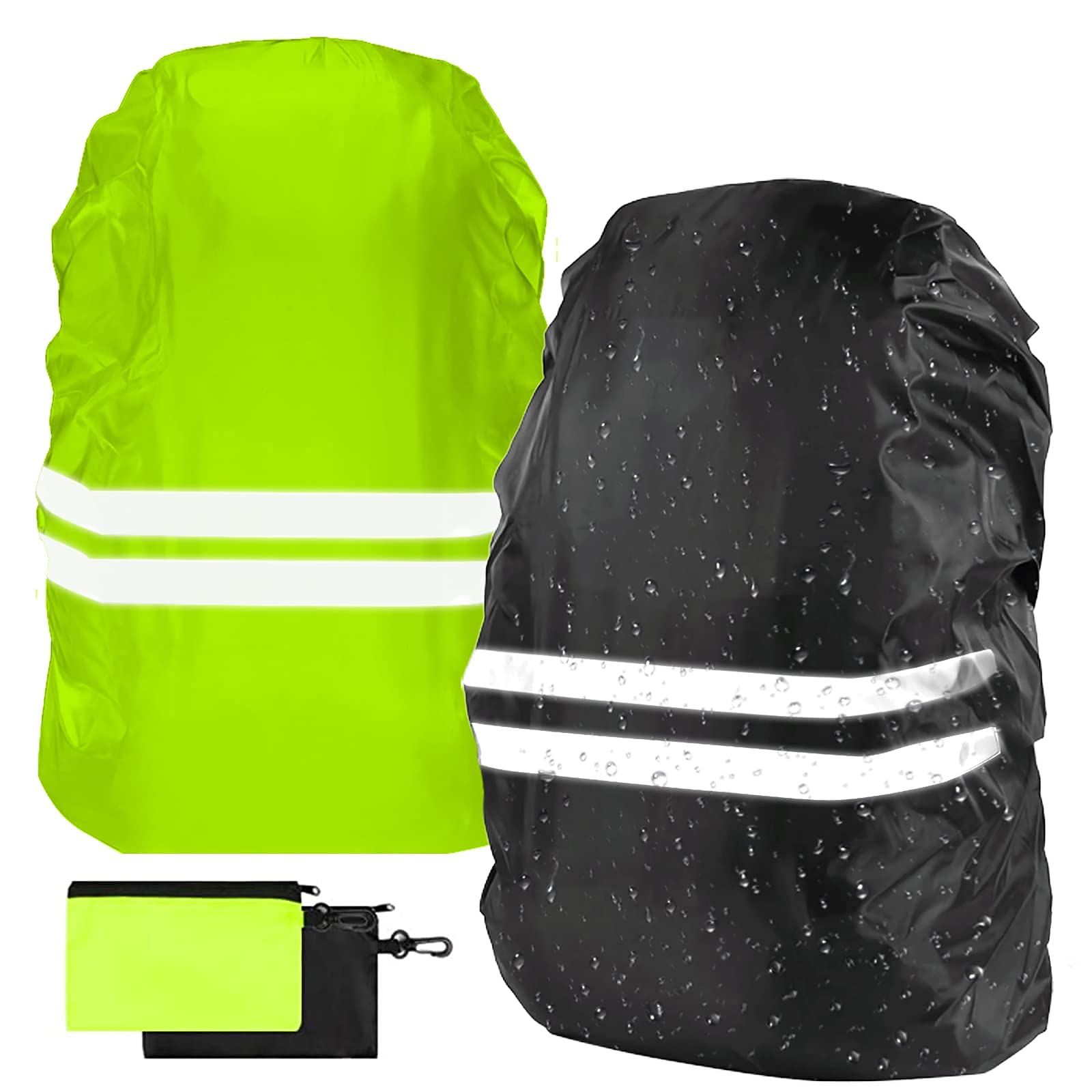 Flintronic Waterproof Backpack Cover, 2 Pack Reflective Rucksack Cover, High Visibility for Cycling, Running & Hiking (M 30-40L, Black & Green)