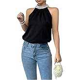 RoseSeek Women's Summer Halter Tops Beaded Sleeveless Blouses Casual Dressy Elegant Work Blouse Shirts