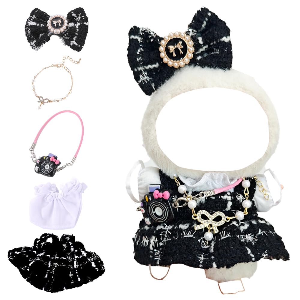View 1 of 17cm Doll Outfit Set (No Doll) - Handmade Black Crochet Bow Hairpiece with Matching Skirt and Mini Camera, Soft Fabric Costume for 15-17cm Dolls, Elegant Crochet Dress-Up Accessories