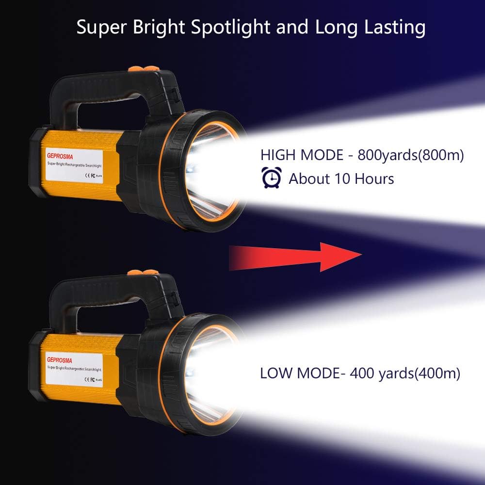 High Lumen Powerful Rechargeable Spotlight Flashlight CREE LED Super Bright Searchlight 4 Batteries 10000mah Hand held Spot Search lights Large Heavy Duty Waterproof Marine Boat Torch Portable Lantern - - 