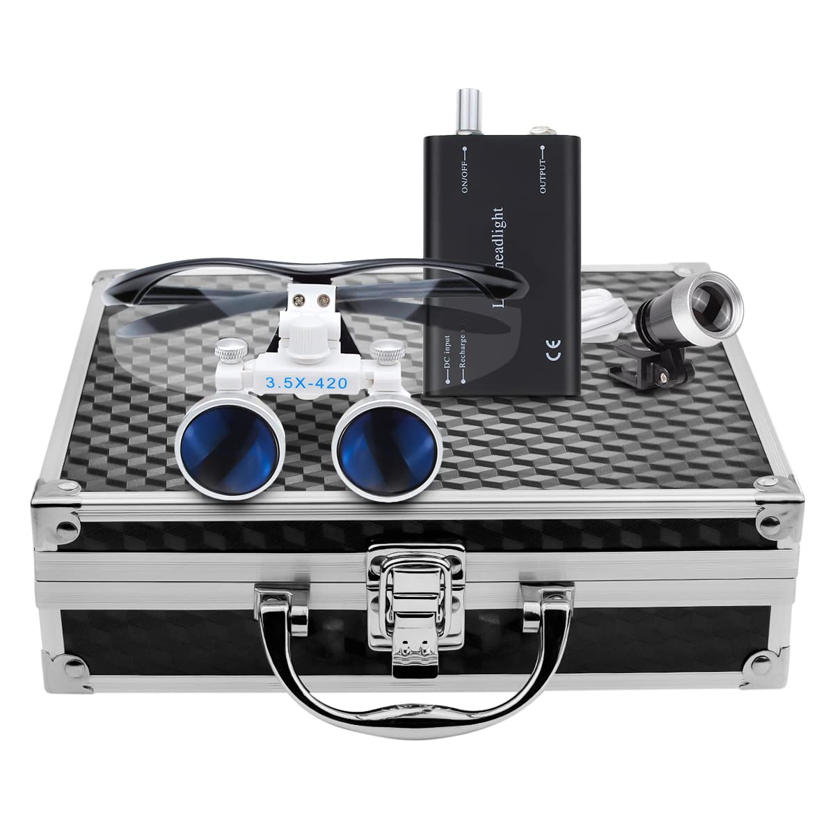 Hot Dental 3.5 x 420mm Working Distance Surgical Binocular Loupes Optical Glass with LED Head Light Lamp and Aluminum Box (Black)