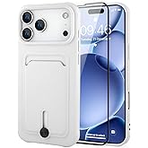 MZELQ TPU Wallet Compatible with iPhone 17 Pro Case 2025, Card Holder Camera Protection Cover + Screen Protector, Push-able Slot for Girls Women -White