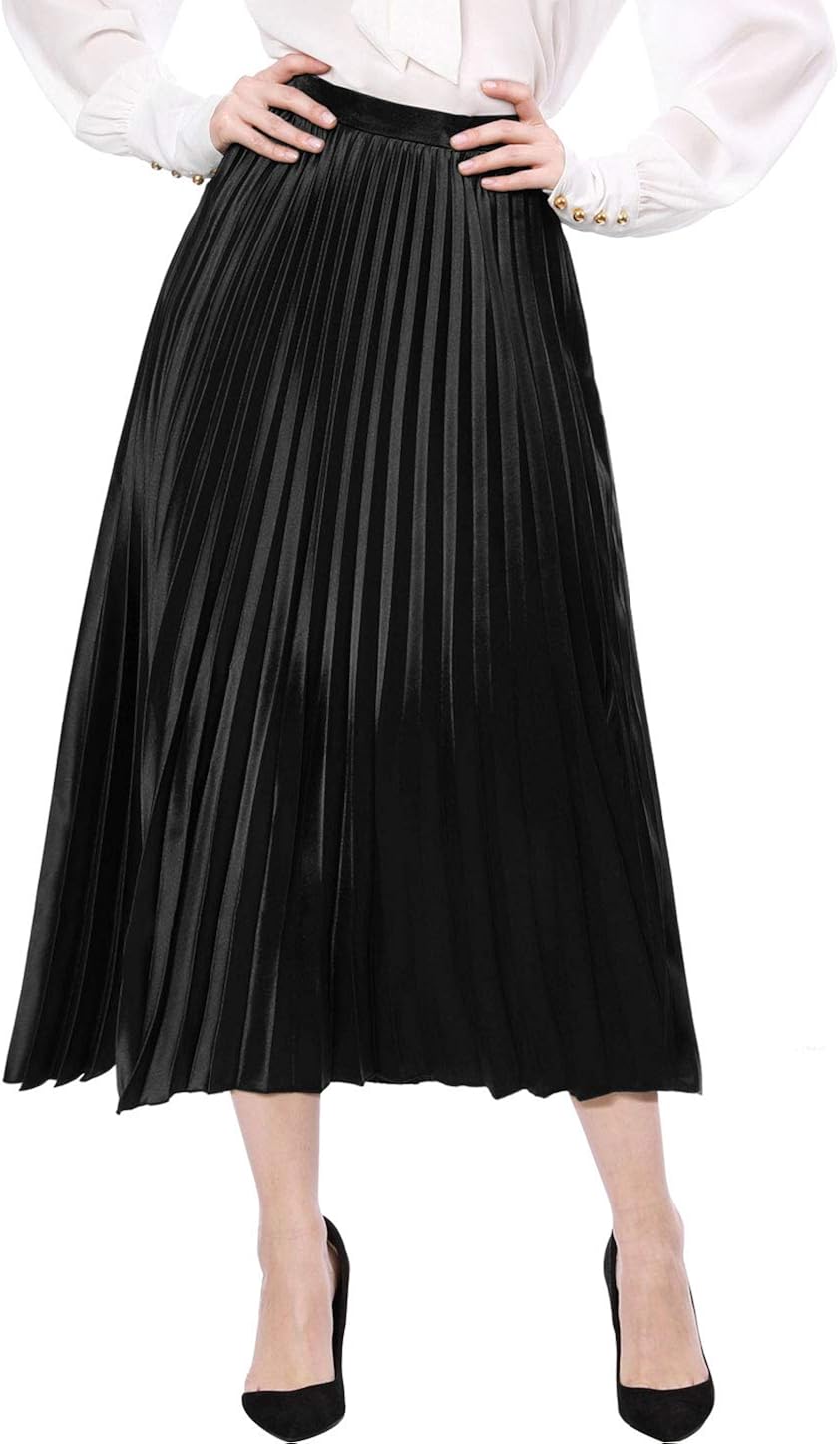 Allegra K Women's Zip Closure Accordion Pleated Metallic Midi Party Skirt