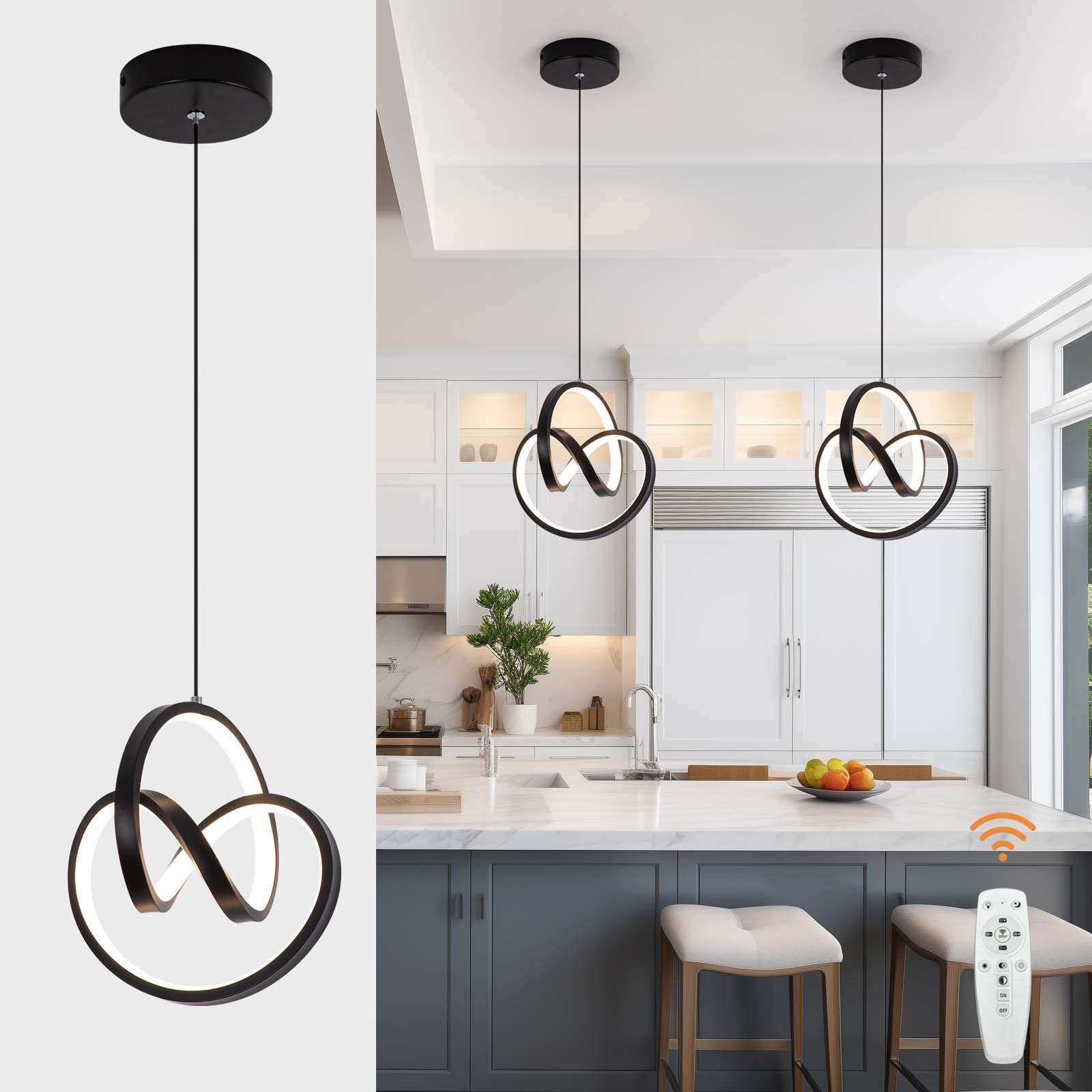 Photo 1 of Sovinzert 3000-6000K Modern LED Pendant Light,Black Dimmable Pendant Light for Kitchen Island, Adjustable Hanging Lamp for Dining Room Bar Bathroom, 1 Pack