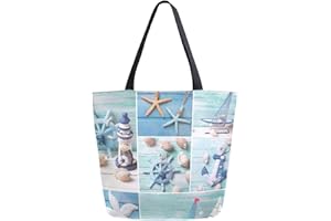 ZzWwR Beautiful Sea Theme Collage Pattern Extra Large Canvas Shoulder Tote Top Storage Handle Bag for Gym Beach Weekender Travel Reusable Grocery Shopping