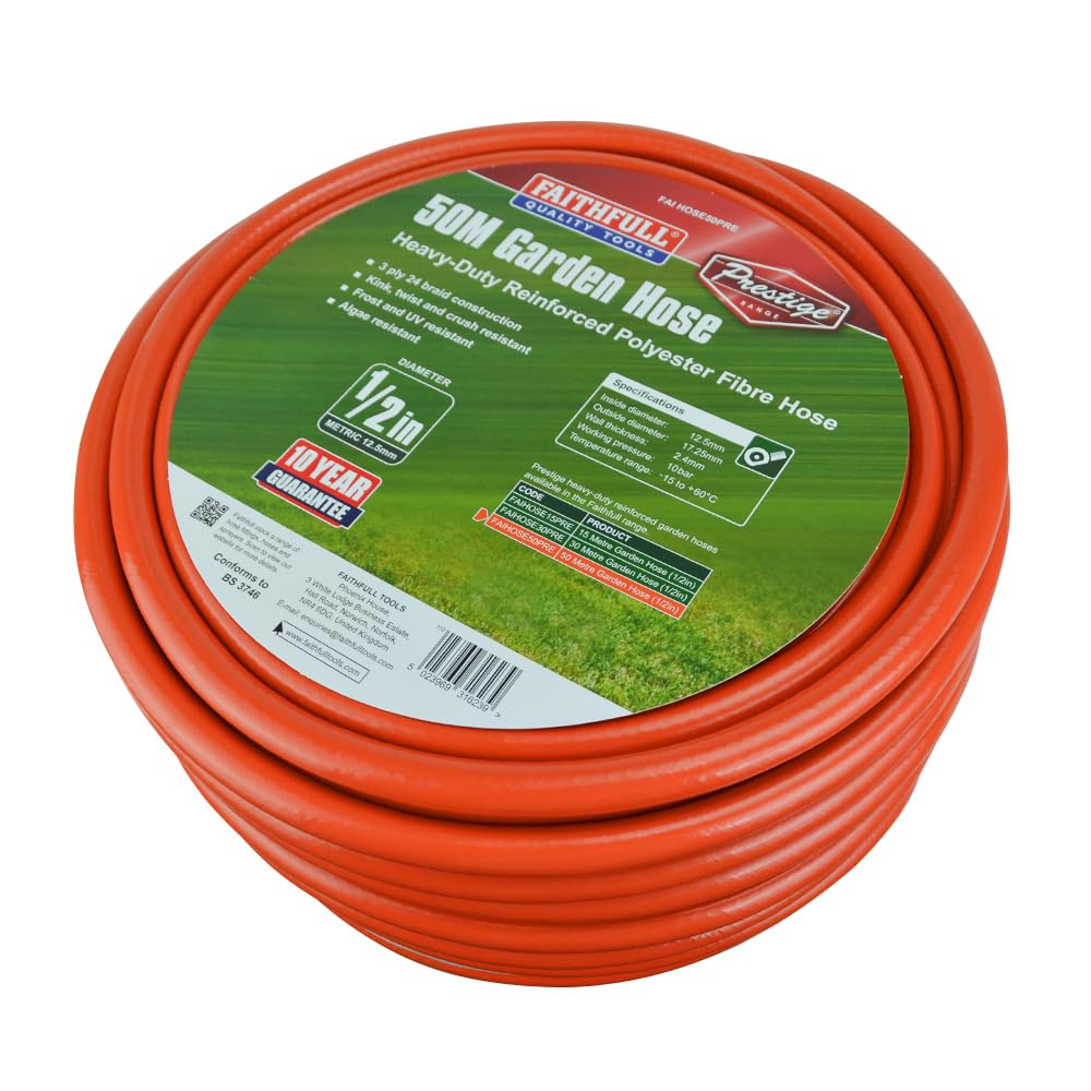 Faithfull Prestige Garden Hose - Heavy-Duty Reinforced PVC, 50 Metre (164ft) 12.5mm (1/2in) Diameter, High-Quality 24 Braid Fibre Mesh, Kink & Twist Resistant Hose Pipe
