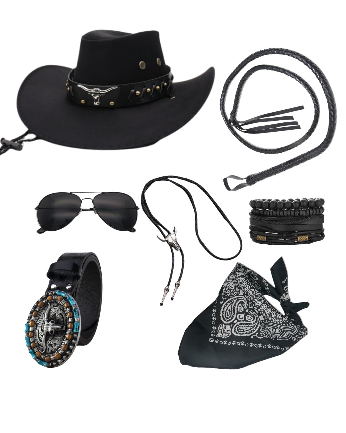 Photo 1 of minkasic Western Cowboy Costume Outfit for Men Women Cowboy Hat Belt Accessories for Halloween Party Cosplay Black