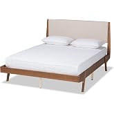 Baxton Studio Senna Mid-Century Modern Beige Fabric Upholstered and Walnut Brown Finished Wood Queen Size Platform Bed