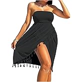 WDIRARA Women's Strapless Wrap Cover Up Sheer Mesh Smocked Sleeveless Beach Dress Coverups
