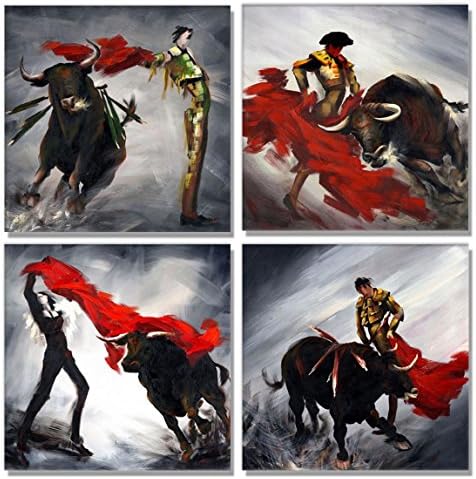 SmartWallArt - 4 Panel Large Size Similar Wall Art - Spanish Gypsy Dance the Matador and Cattle Quadrate Painting - 4 Panels Similar Picture Print on Canvas for Living Room Decor Or as A gift