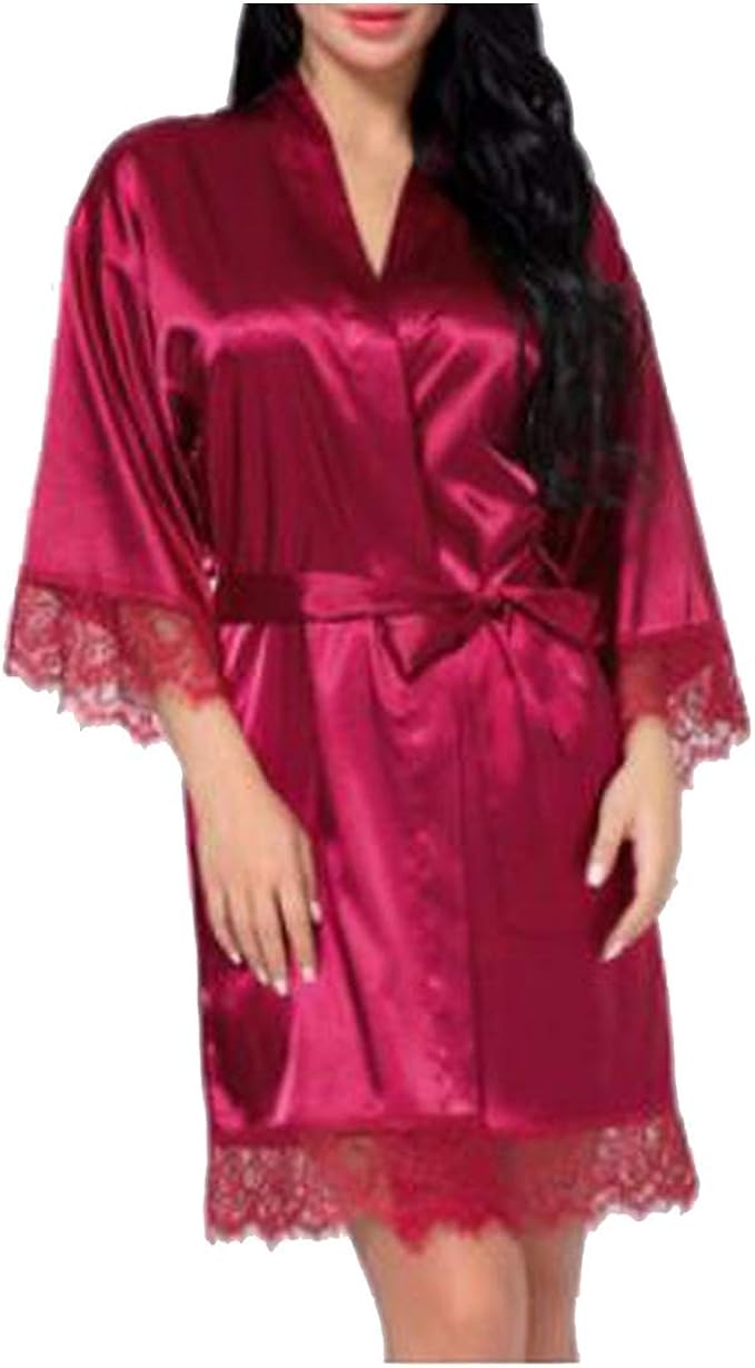 Satin Silk Lace Robe Lace Bathrobe Robes Sleepwear Sexy Robe, Wine Red, L at Amazon Women’s