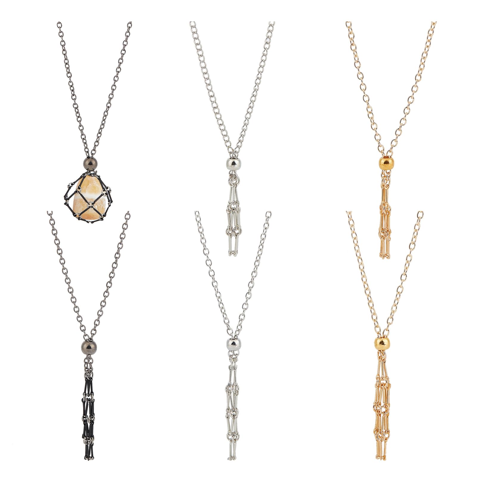 NICENEEDED 6 PCS Crystal Stone Empty Necklace Holder, Adjustable Metal Net Mesh Pendant Necklace, Crystal Holder Cage Necklace for DIY Jewelry Making Accessories