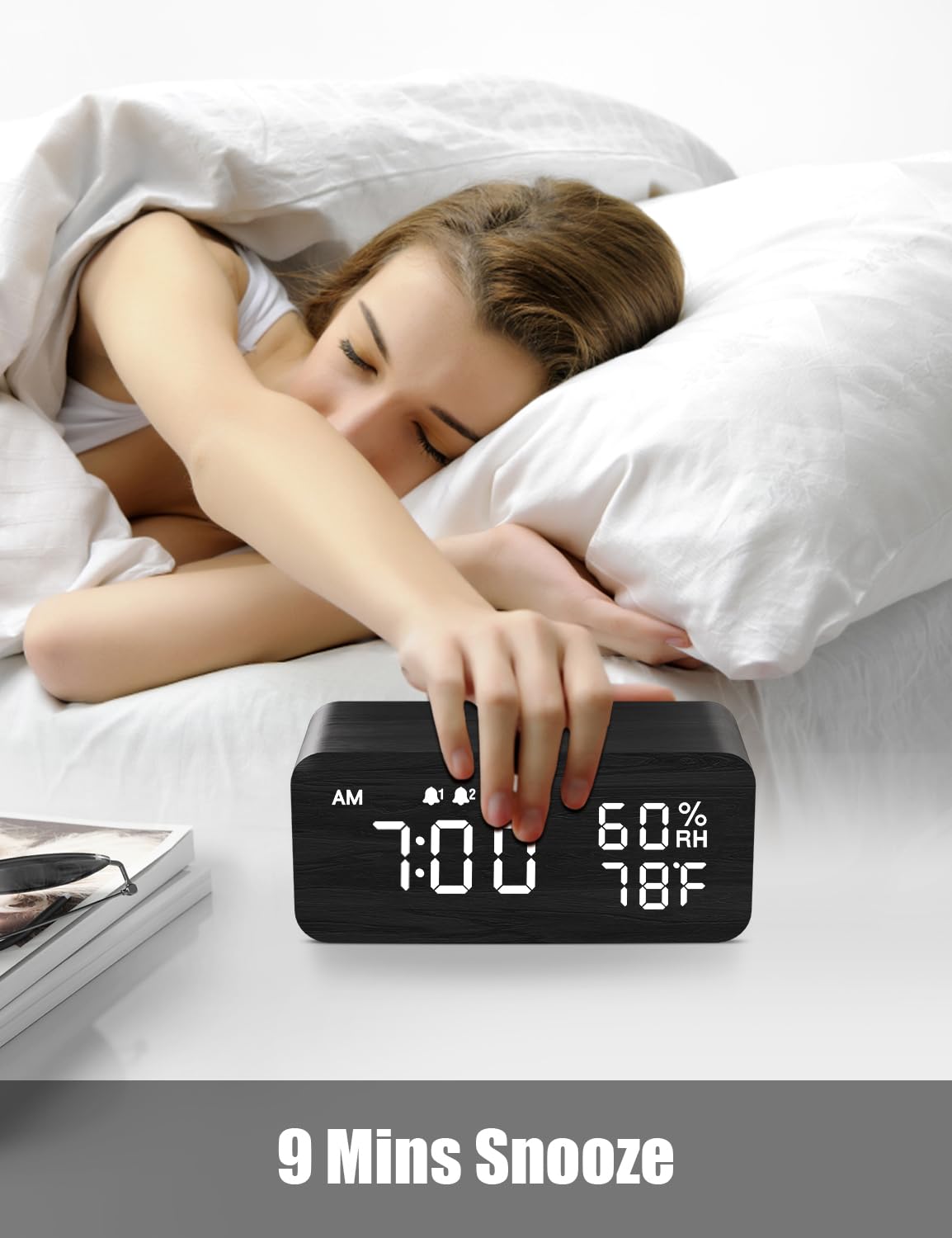 JALL Wooden Digital Alarm Clock With Wireless Charging, Dimmable
