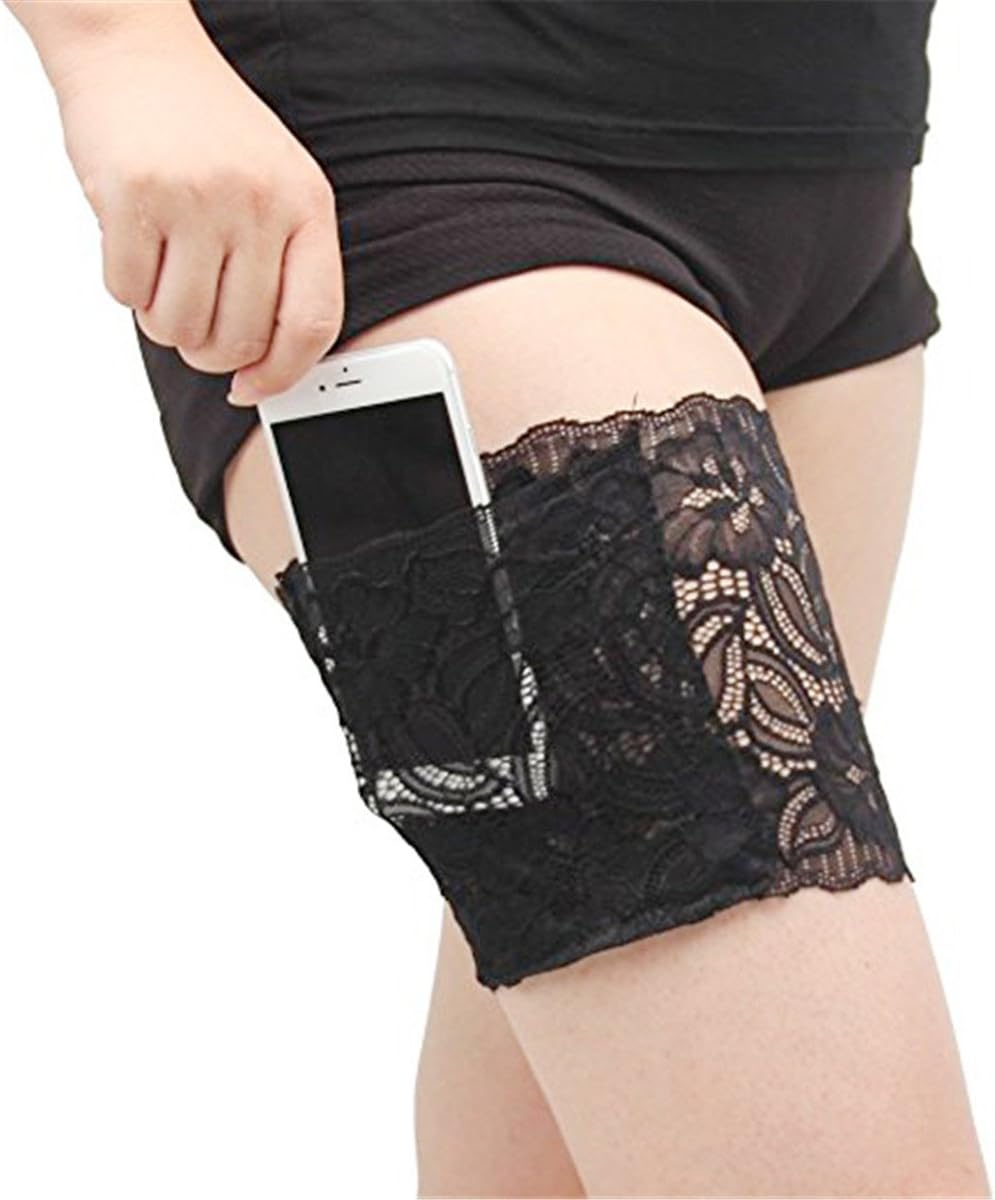 CAREOR Thicken Womens Lace Non-Slip Concealed Thigh Holster Thigh Garter with 4 Small Purse Phone Security Pockets (M, Black)