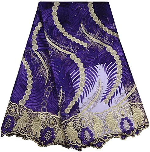 KENLACE 5Yards African Cord Lace French Lace Fabric with Stones Blue Color African Lace Fabric for Nigerian Wedding Dress (Purple)