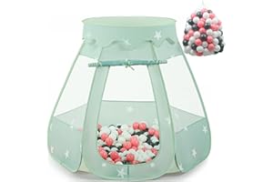 Wilhunter Baby Ball Pit for Toddler with 150 Balls, Kids Pop Up Play Tent for Girls, Princess Toys for Children Indoor & Outdoor Playhouse with Carry Bag (Celadon: Pink/White/Gray, 109x90cm/150 Balls)