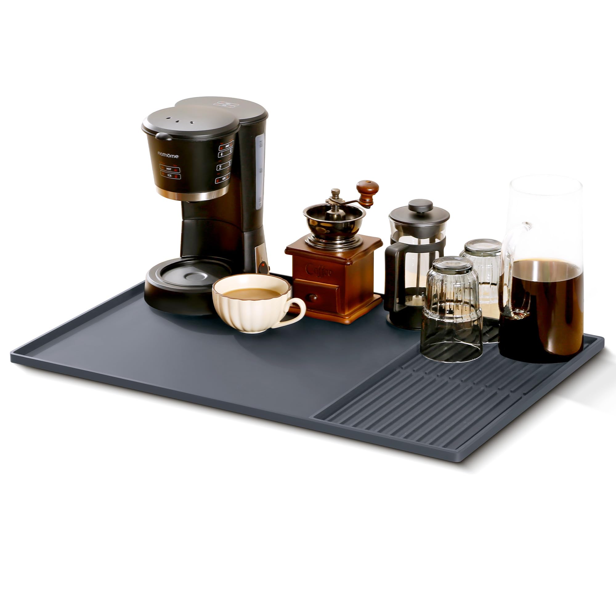 Large Silicone Mat Under Coffee Machines 40.5x61cm with Raised Edges Stackable 19x40cm, Multi-Functional Base Mat, Nonstick Heat Resistant Coffee Bar Mat for Countertop, Dish Drying Mat(Grey)