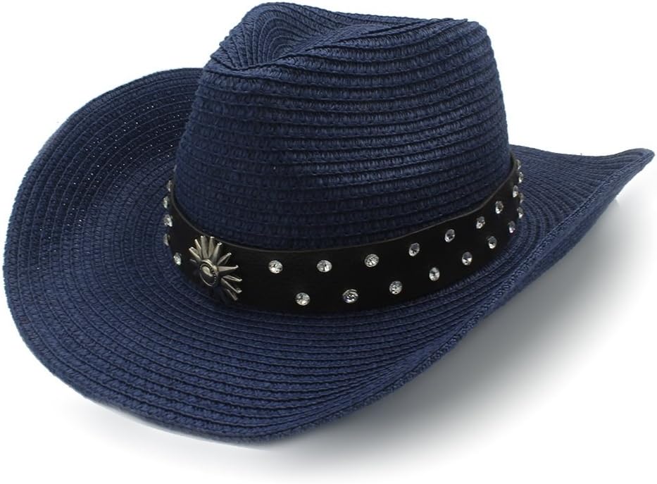 IWGR Men's Straw Western Cowboy Hat For Gentleman Sombrero Caps Witt Fashion Belt (Color : Blue, Size : 56-58cm)