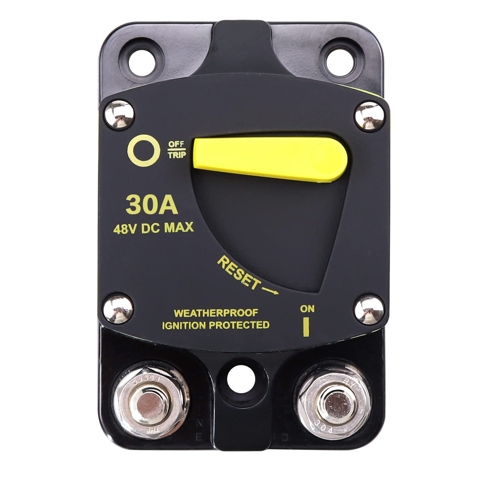 RKURCK 12V - 48V DC 30 Amp Surface Mount & Panel Mount Circuit Breakers with Yellow Manual Reset Button Waterproof 30A