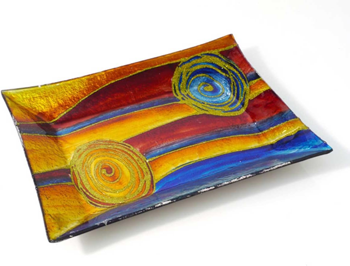 Tauri Blue Glass Plate-Red Bowl 25 CM Large Decorative Glass Plate