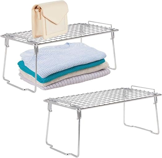Amazon Com Mdesign Versatile Metal Wire Stackable Closet Storage Organizer Shelf For Storage And Organization In Bedroom Bathroom Kitchen And Office Shelves Easy Install 2 Pack Chrome Home Kitchen