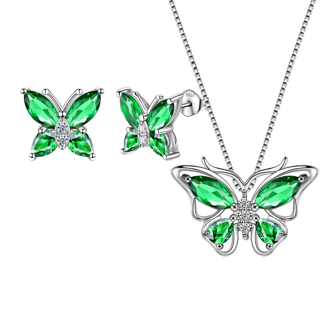 Aurora Tears Butterfly Necklace/Earrings Set 925 Sterling Sliver May Birthstone Green Emerald Jewelry Set Animals Jewelry Gift for Women and Girls DS0045G