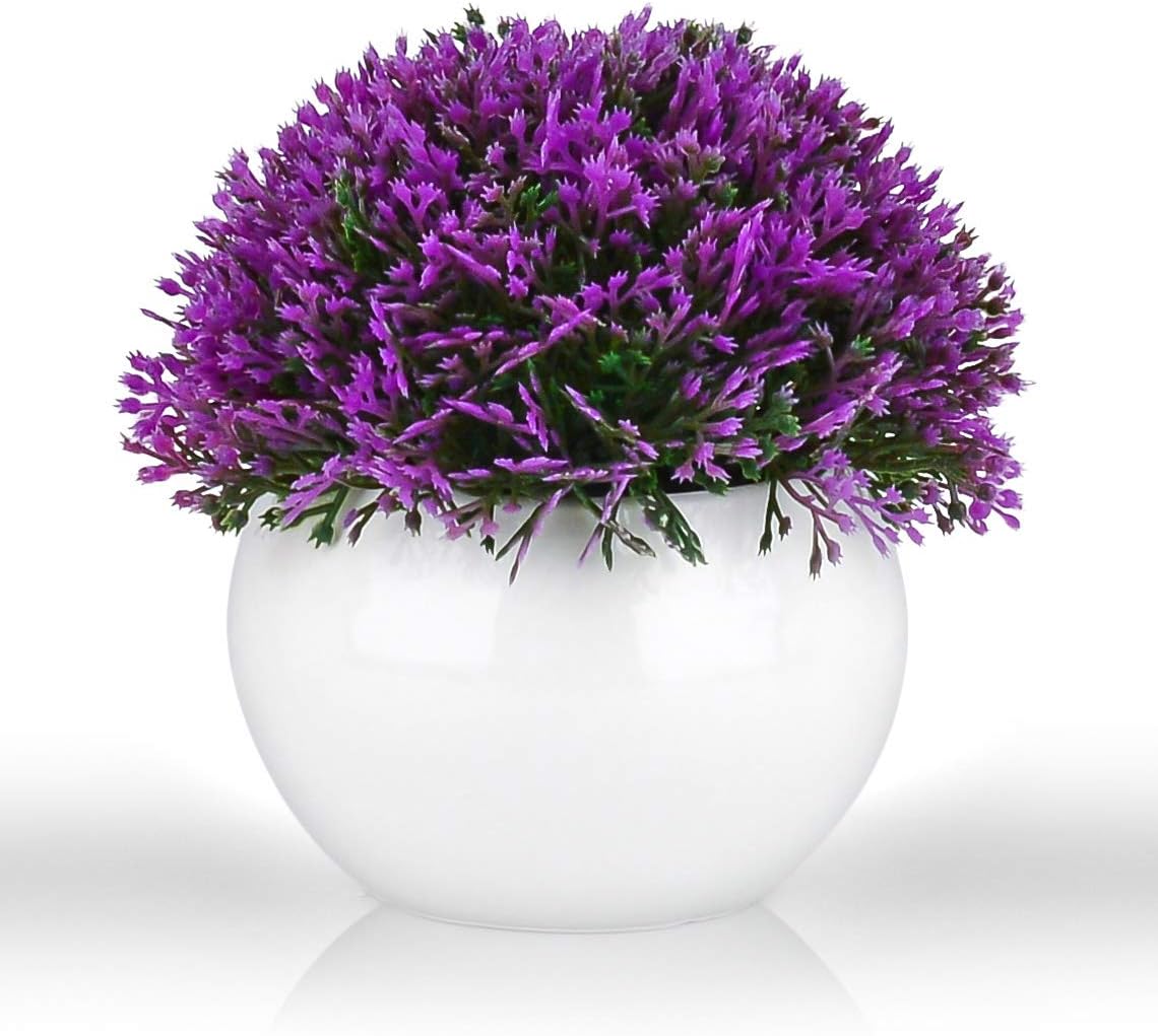 ELYSIANZE Mini Artificial Plant in White Ceramic Pot | Decorative Faux Plant for Home/Office Decor | Small Potted Topiary | Farmhouse Decor Accent | Desk/Kitchen/Bathroom/Shelf Fake Plant (Purple)
