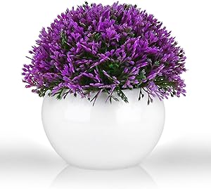 ELYSIANZE Mini Artificial Plant in White Ceramic Pot | Decorative Faux Plant for Home/Office Decor | Small Potted Topiary | Farmhouse Decor Accent | Desk/Kitchen/Bathroom/Shelf Fake Plant (Purple)